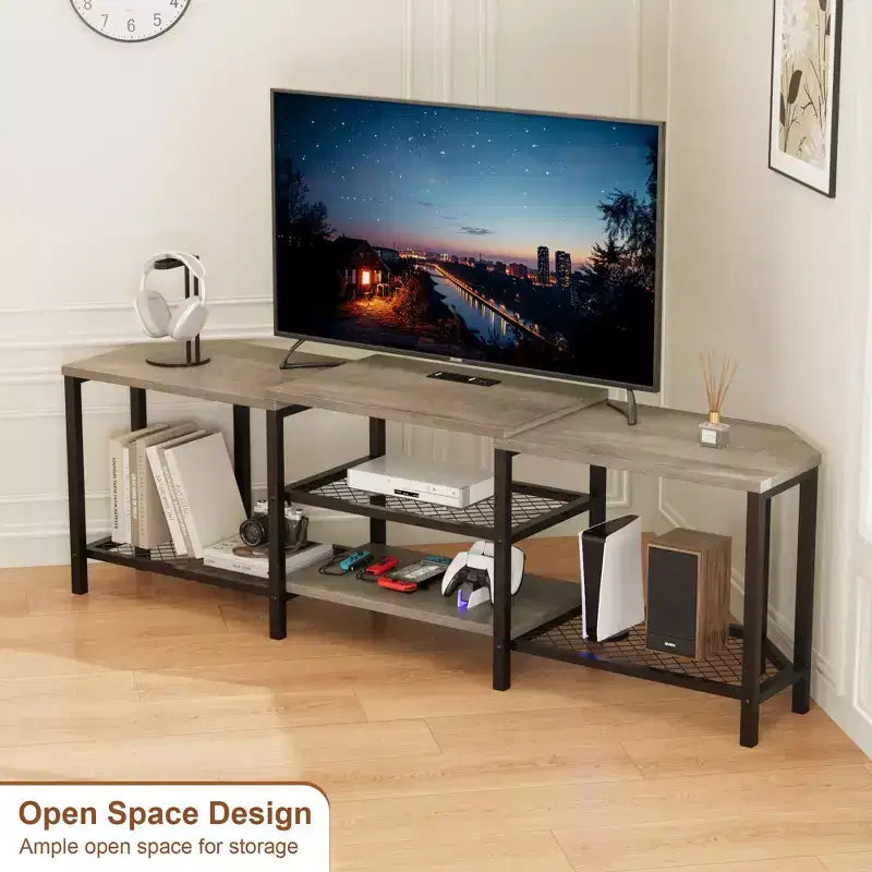 Mobile porta TV LED per TV fino a 75 pollici, mobile TV da 67 pollici con prese di corrente, ripiani a giorno, tavolino porta TV