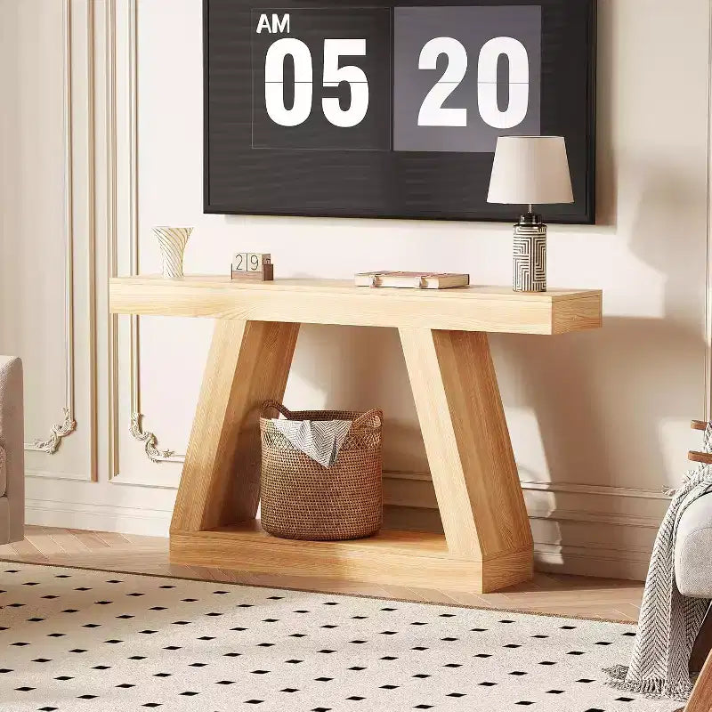 Console da Ingresso con Ripiano Aperto, Tavolino da Divano a 2 Livelli in Legno per Ingresso, Corridoio e Soggiorno - Mobile d'Arredo con Design a Trapezio
