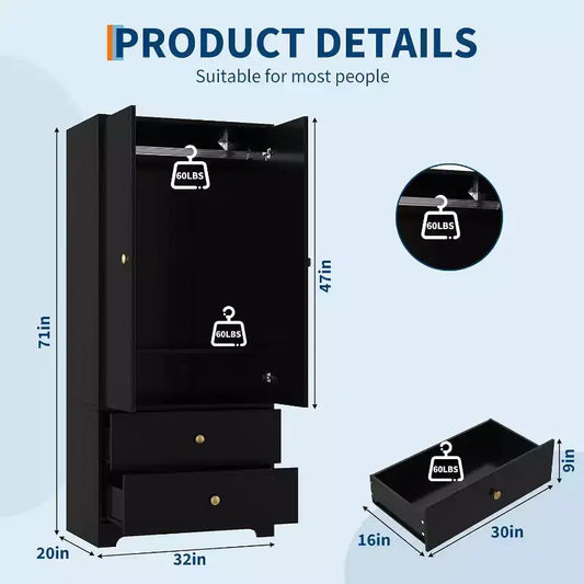 Armadio Guardaroba, Mobile Contenitore per Abiti in Legno da 71", 1 Ripiano Regolabile e 2 Cassetti, Armadio con Asta Appendipe per Camera da Letto