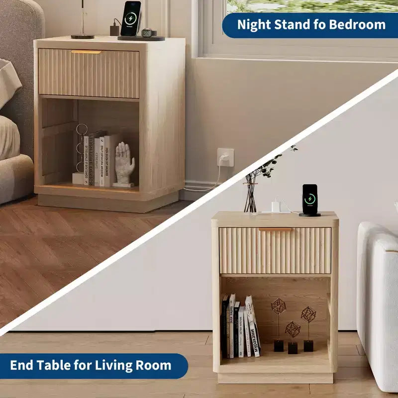 Comodini Scanalati Set da 2, Tavolini da Notte Stile Farmhouse con Stazione di Ricarica e 1 Cassetto Contenitore (Moderno di Metà Secolo)