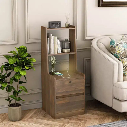 Comodino con stazione di ricarica da 15 pollici JVNOXK, comodino intelligente con libreria, vano portaoggetti, funzione di chiusura, finitura in legno con chiusura