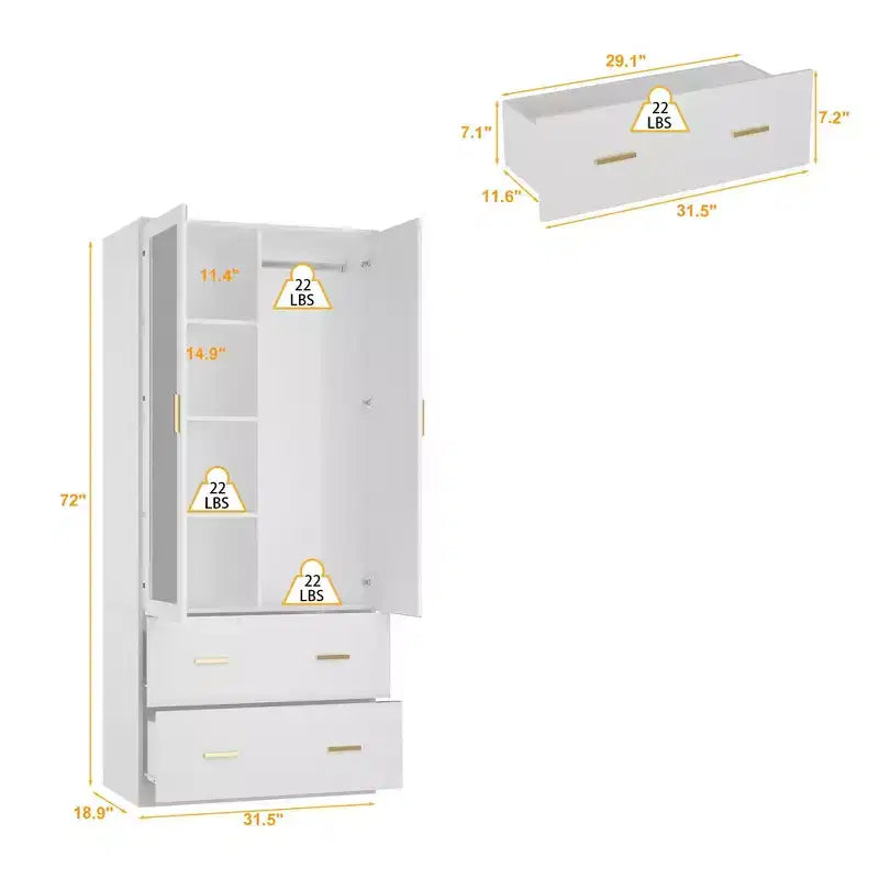 Organizzatore di vestiti per guardaroba multi-scomparto con specchio e aste appendiabiti