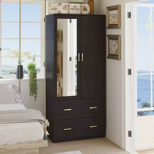 Organizzatore di vestiti per guardaroba multi-scomparto con specchio e aste appendiabiti