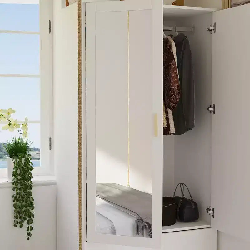 Organizzatore di vestiti per guardaroba multi-scomparto con specchio e aste appendiabiti