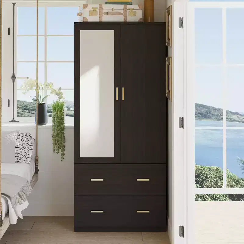 Organizzatore di vestiti per guardaroba multi-scomparto con specchio e aste appendiabiti
