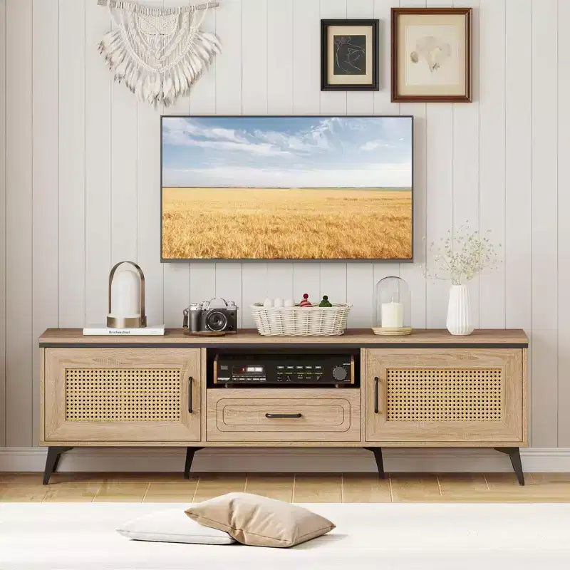 Mobile porta TV Boho per TV da 65 pollici, mobile TV moderno con cassetto e 2 scomparti