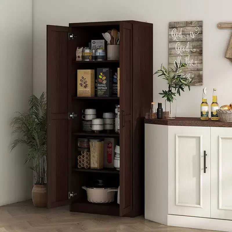 Dispensa da Cucina, Armadio a Colonna Indipendente a 5 Ripiani con 2 Scaffali Regolabili per Sala da Pranzo, Soggiorno