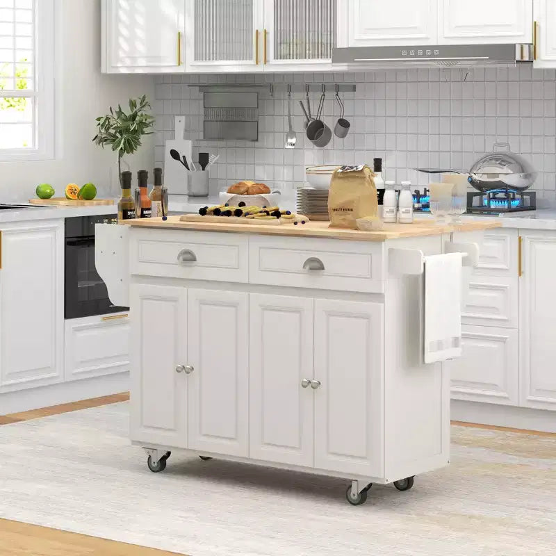 Carrello da cucina su ruote con isola a ribalta, piano in legno massello con cassetti, armadietti e portaspezie