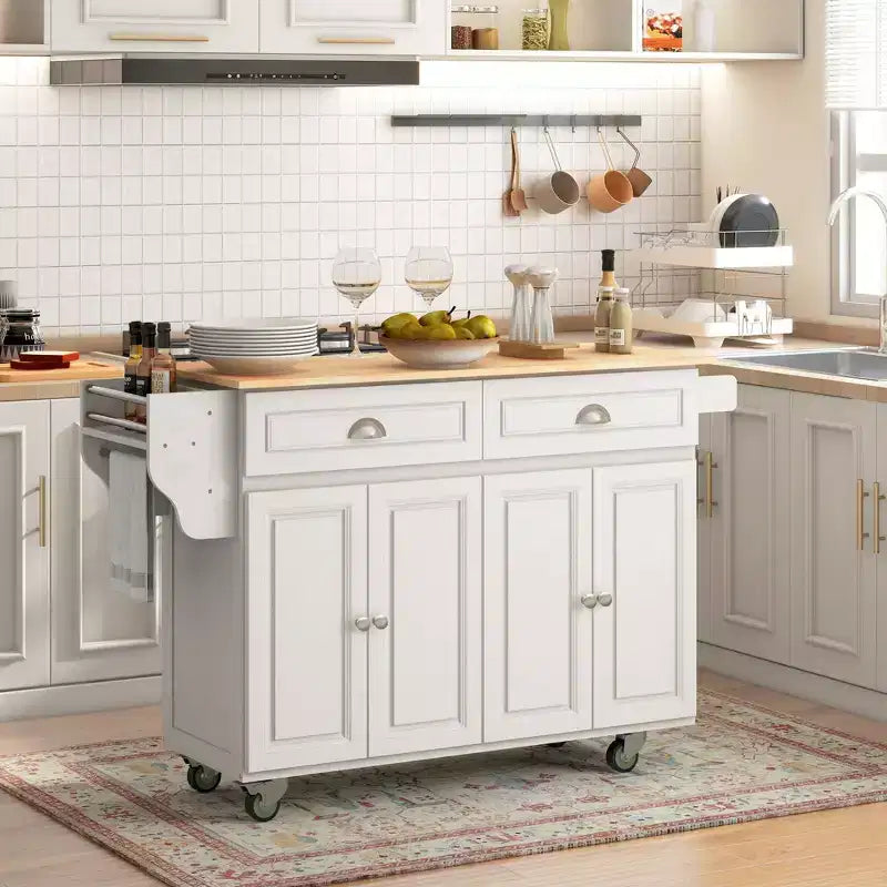 Carrello da cucina su ruote con isola a ribalta, piano in legno massello con cassetti, armadietti e portaspezie