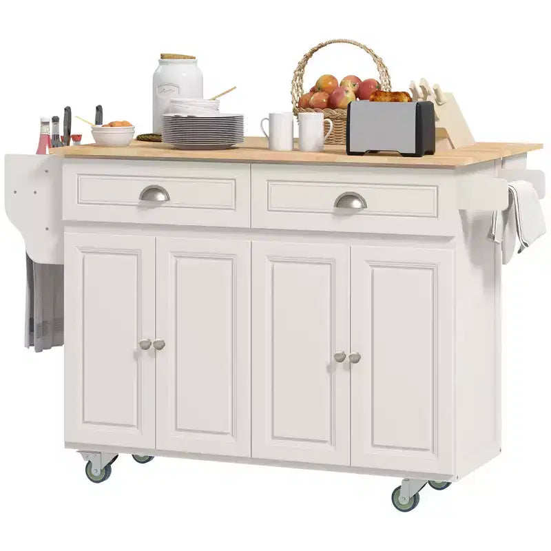 Carrello da cucina su ruote con isola a ribalta, piano in legno massello con cassetti, armadietti e portaspezie