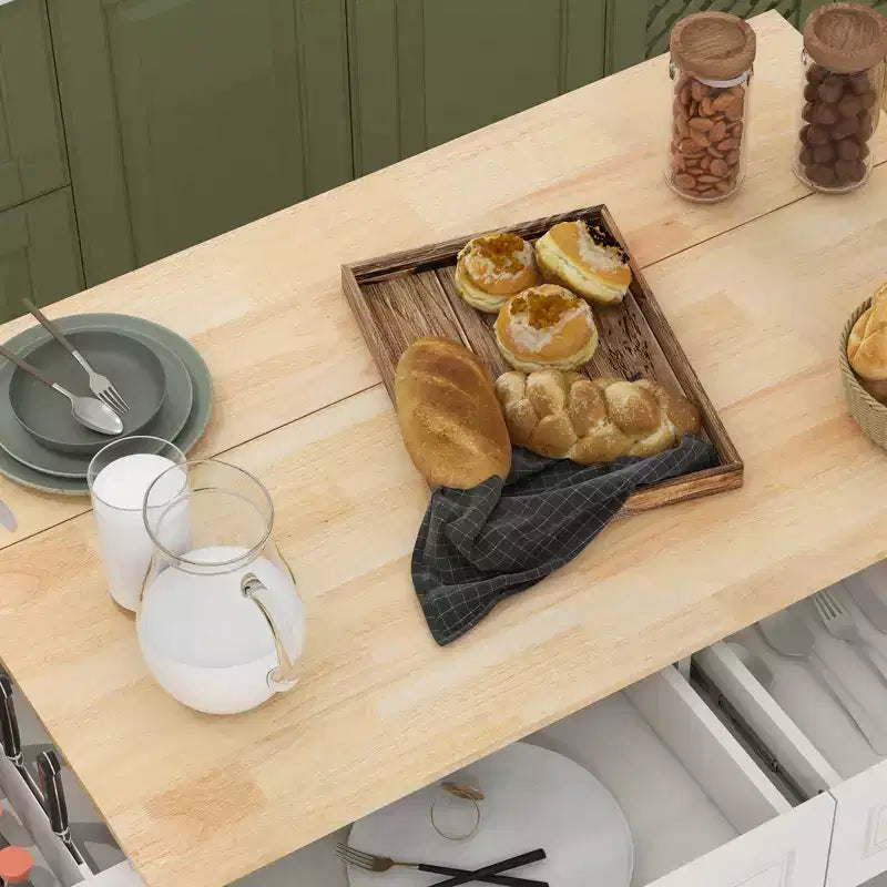 Carrello da cucina su ruote con isola a ribalta, piano in legno massello con cassetti, armadietti e portaspezie