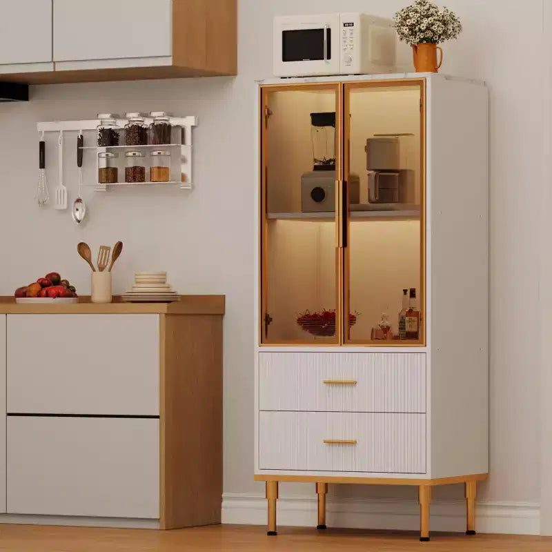 Credenza con ante in vetro, mobile buffet con 2 cassetti scanalati, ripiani regolabili per soggiorno, sala da pranzo e cucina