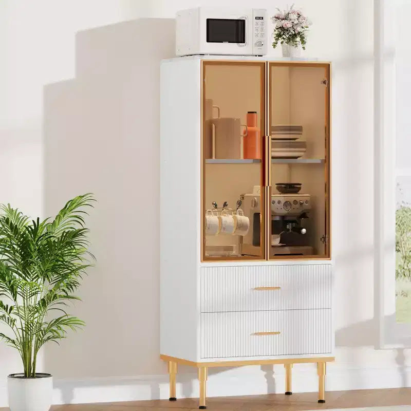 Credenza con ante in vetro, mobile buffet con 2 cassetti scanalati, ripiani regolabili per soggiorno, sala da pranzo e cucina
