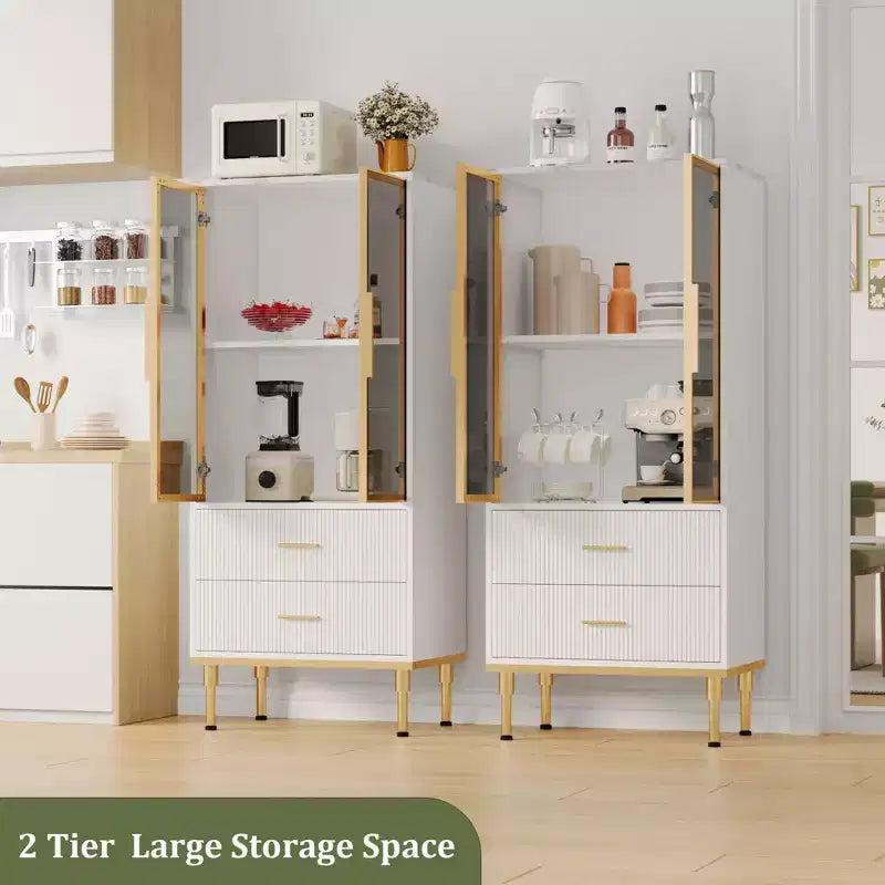 Credenza con ante in vetro, mobile buffet con 2 cassetti scanalati, ripiani regolabili per soggiorno, sala da pranzo e cucina