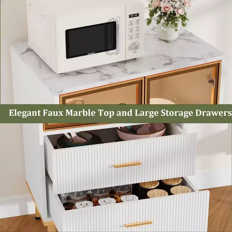 Credenza con ante in vetro, mobile buffet con 2 cassetti scanalati, ripiani regolabili per soggiorno, sala da pranzo e cucina