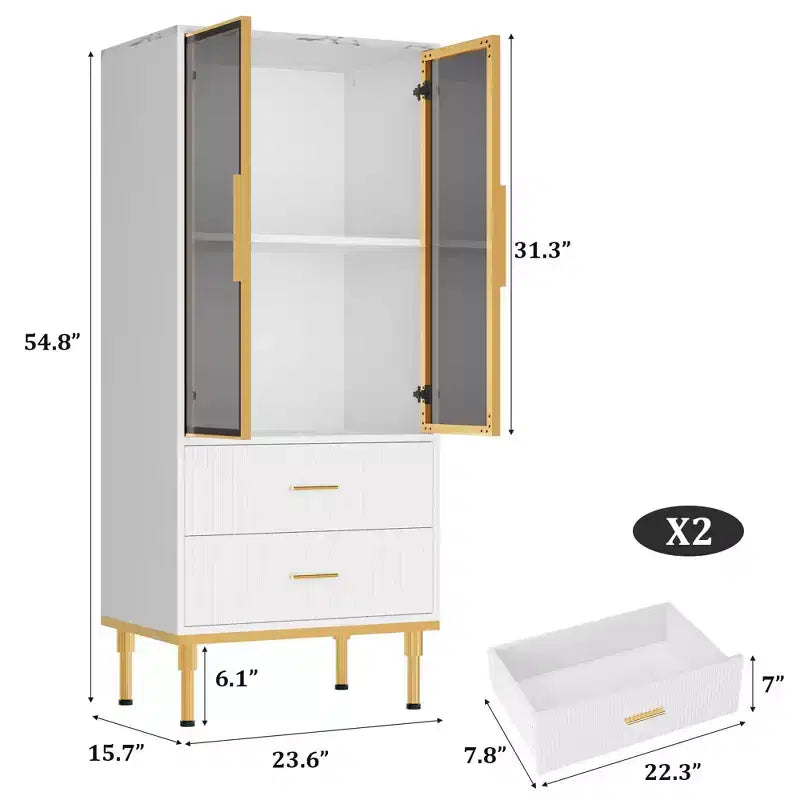 Credenza con ante in vetro, mobile buffet con 2 cassetti scanalati, ripiani regolabili per soggiorno, sala da pranzo e cucina