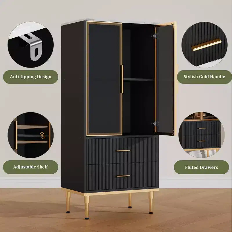Credenza con ante in vetro, mobile buffet con 2 cassetti scanalati, ripiani regolabili per soggiorno, sala da pranzo e cucina