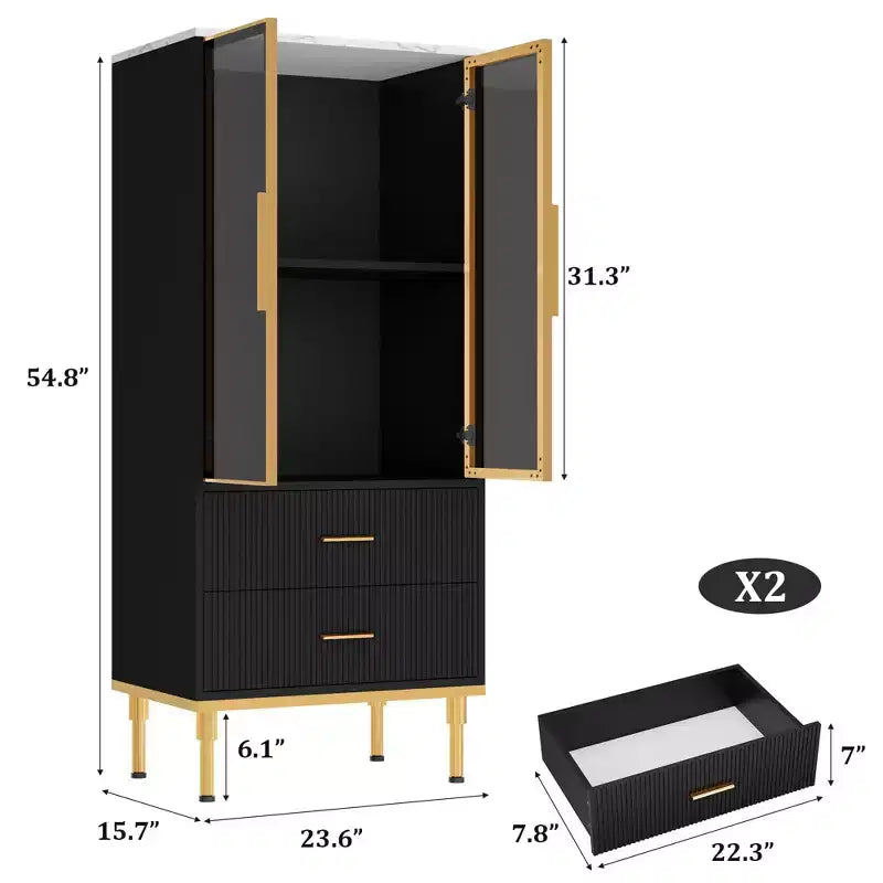 Credenza con ante in vetro, mobile buffet con 2 cassetti scanalati, ripiani regolabili per soggiorno, sala da pranzo e cucina