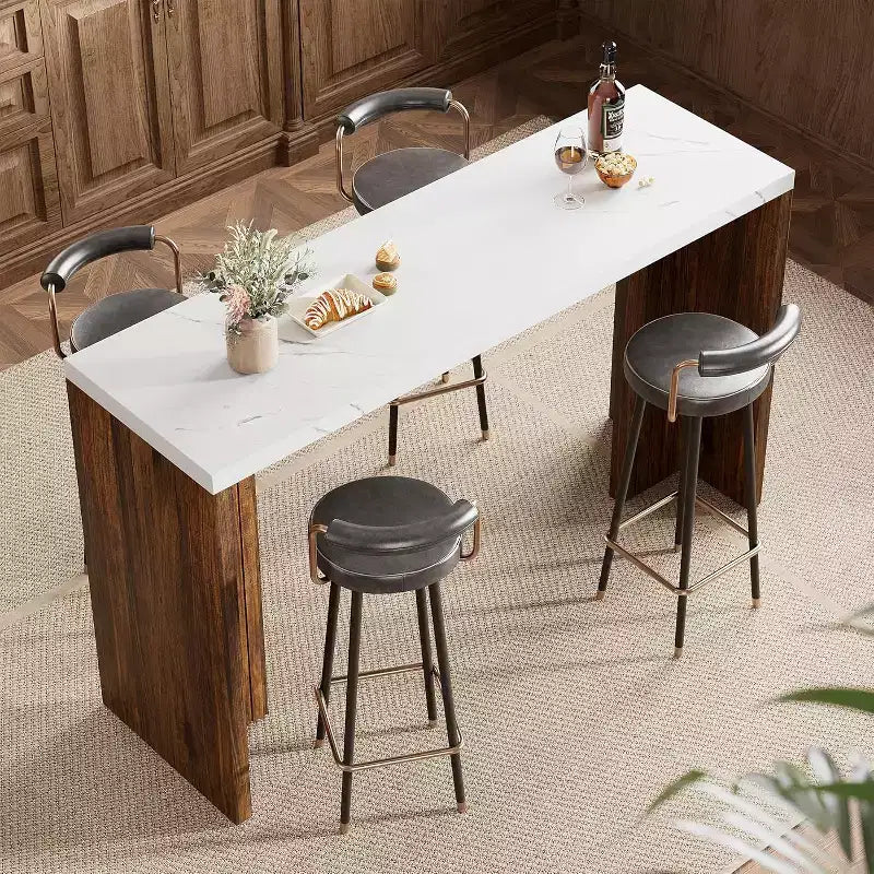 Tavolo Bar 55 con Piano in Finto Marmo, Tavolo da Pub Altezza Bancone per Cucina, Soggiorno, Sala da Pranzo