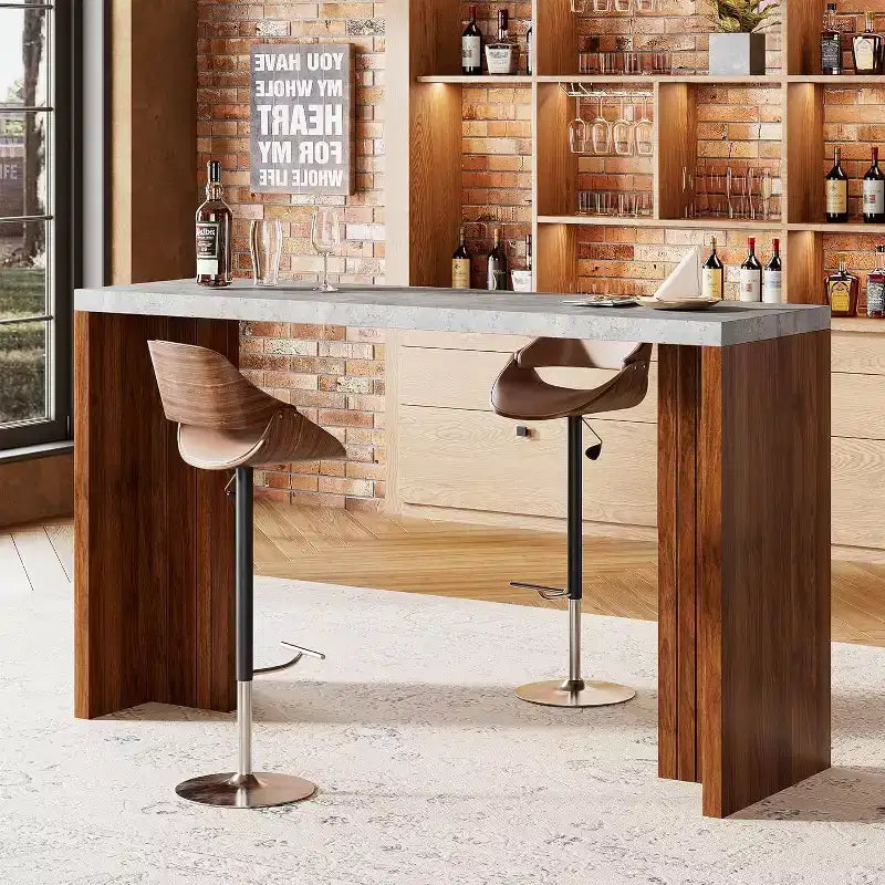 Tavolo Bar 55 con Piano in Finto Marmo, Tavolo da Pub Altezza Bancone per Cucina, Soggiorno, Sala da Pranzo
