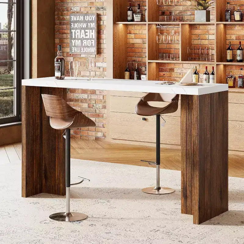Tavolo Bar 55 con Piano in Finto Marmo, Tavolo da Pub Altezza Bancone per Cucina, Soggiorno, Sala da Pranzo