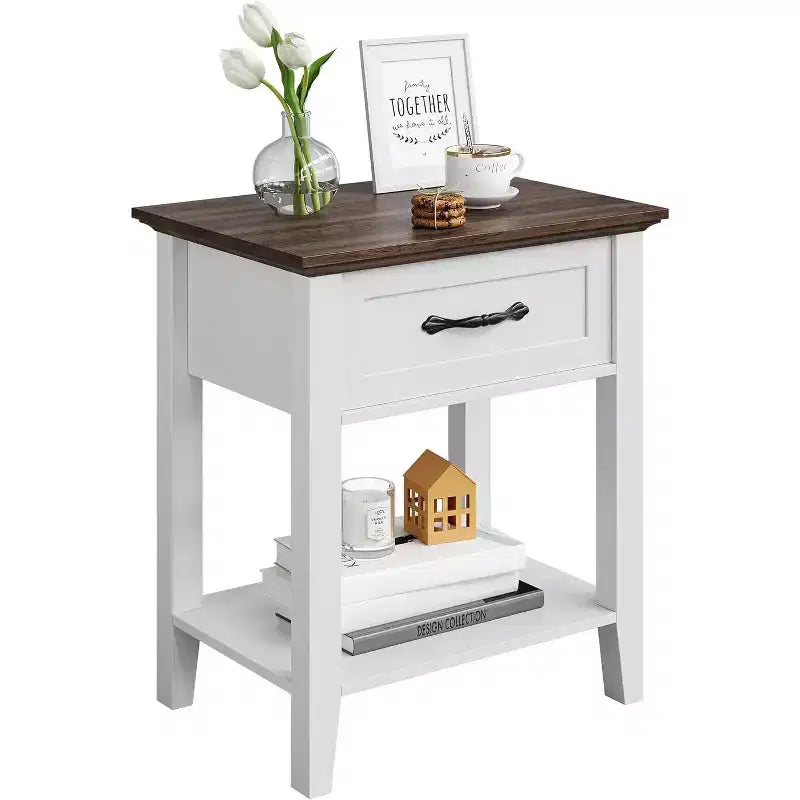 Comodino con Tavolino da Notte in Legno, 1 Cassetto, Ripiano Aperto, Tavolino Laterale Industriale, Comodino Stretto Bianco, Versatile per Camera da Letto, Piccoli Spazi