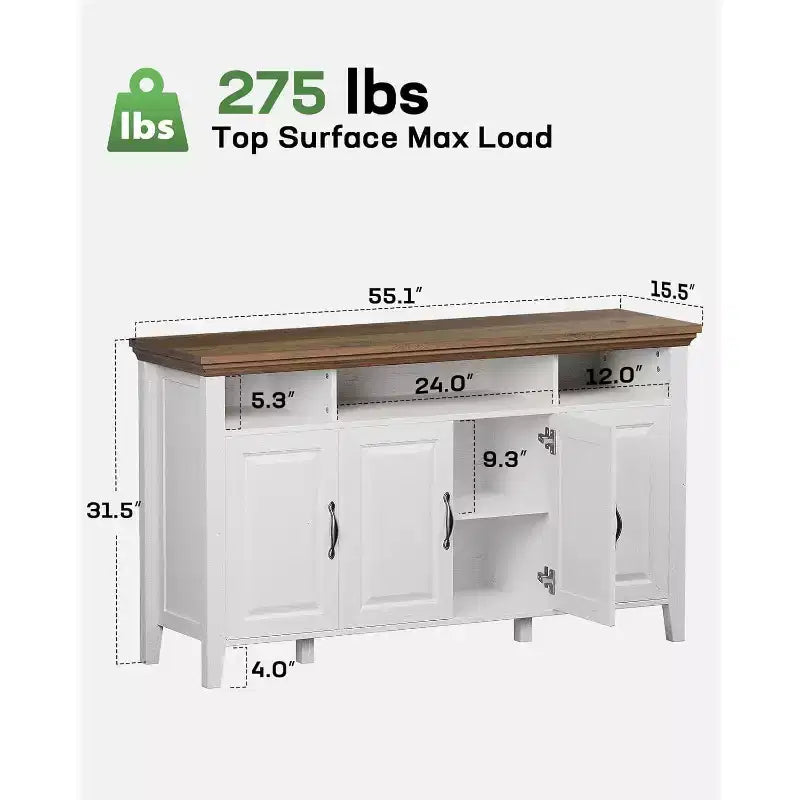 Mobile buffet con contenitore, credenza grande da 140 cm con ripiani regolabili, 4 ante, mobile bar moderno in stile rustico