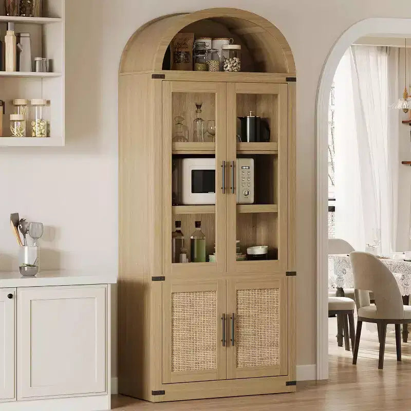 Libreria ad arco da 72'' con ante in vetro, armadio in legno a 6 ripiani per soggiorno, cucina o ufficio, scaffali espositivi in stile rustico