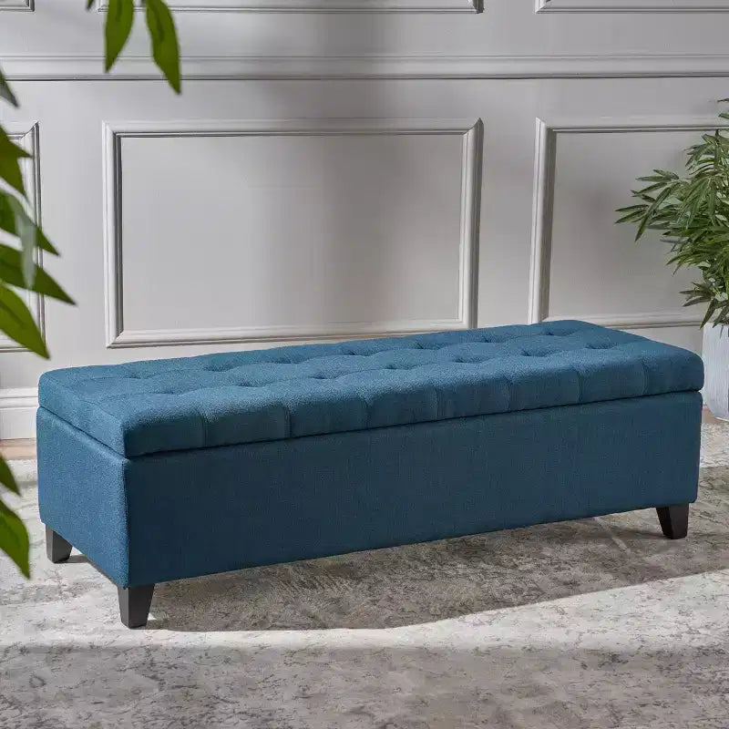 Pouf contenitore con cuciture trapuntate a nido d'ape, panca contenitore con gambe in legno, panca da ingresso per soggiorno, camera da letto, blu navy