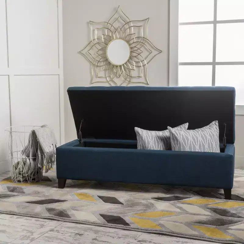 Pouf contenitore con cuciture trapuntate a nido d'ape, panca contenitore con gambe in legno, panca da ingresso per soggiorno, camera da letto, blu navy