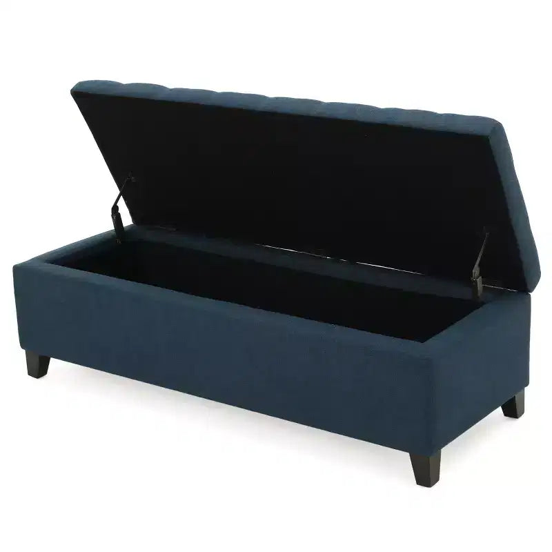 Pouf contenitore con cuciture trapuntate a nido d'ape, panca contenitore con gambe in legno, panca da ingresso per soggiorno, camera da letto, blu navy