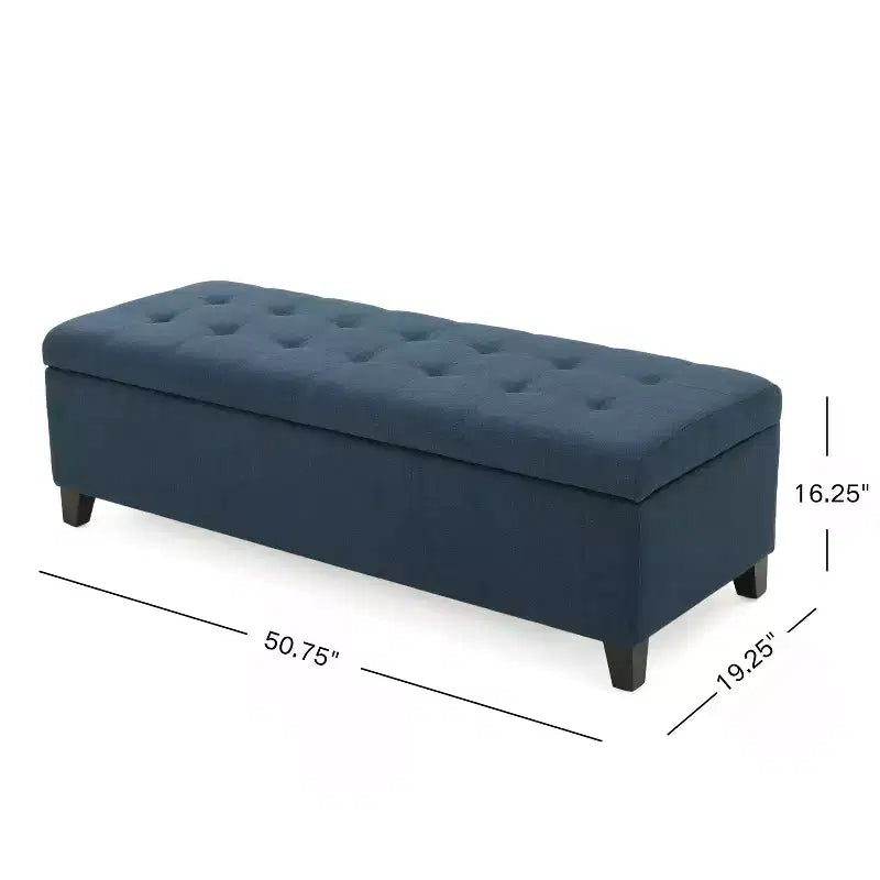 Pouf contenitore con cuciture trapuntate a nido d'ape, panca contenitore con gambe in legno, panca da ingresso per soggiorno, camera da letto, blu navy
