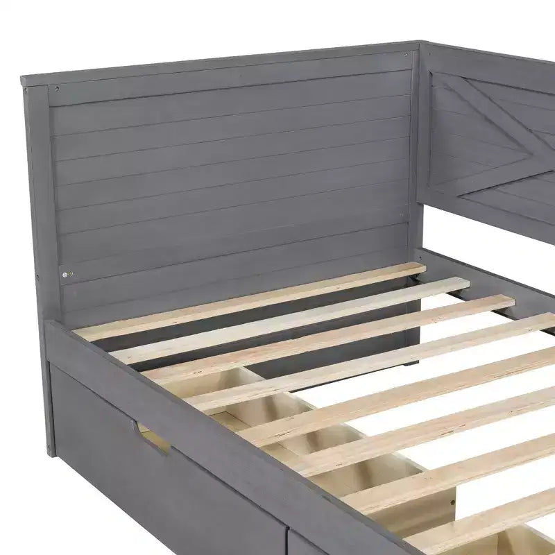 Divano letto singolo in legno con 2 cassetti e ringhiera rustica