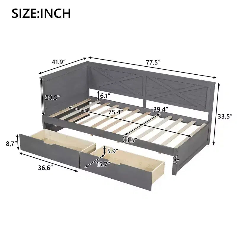 Divano letto singolo in legno con 2 cassetti e ringhiera rustica