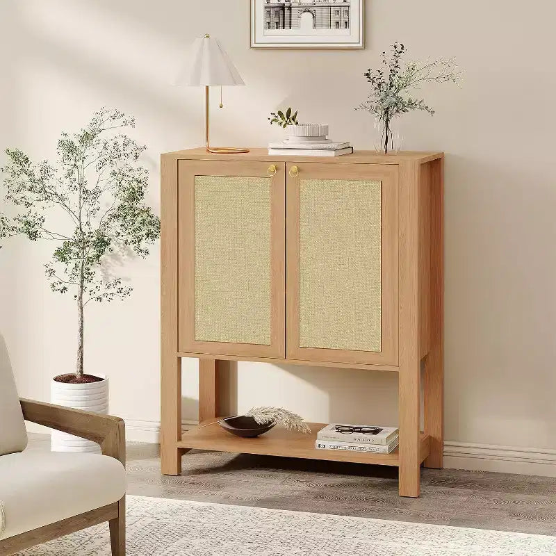 Scarpiera in Rattan per Ingresso, Scarpiera da Terra a 5 Ripiani in Legno, Ripiani Regolabili, Organizzatore Portaoggetti Aperto per Corridoio, Soggiorno, Rovere Scuro
