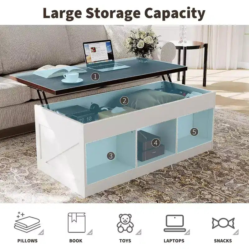 Elegante Tavolino Alzabile con Chiusura Ammortizzata | Vano Nascosto & Ripiano Rimovibile, Design Rustico in Legno e Metallo, Facile Montaggio