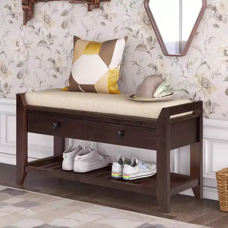 Panca Contenitore Portascarpe in Legno Massello con 2 Cassetti e Cuscino, Organizer Multiuso per Ingresso con Base a Griglia, Espresso