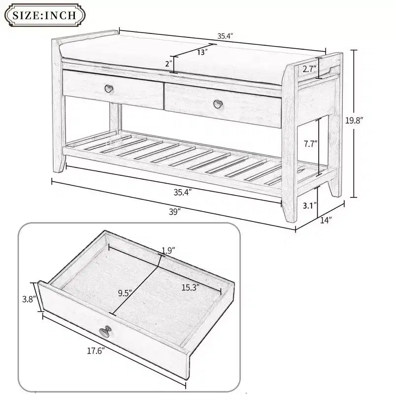 Panca Contenitore Portascarpe in Legno Massello con 2 Cassetti e Cuscino, Organizer Multiuso per Ingresso con Base a Griglia, Espresso