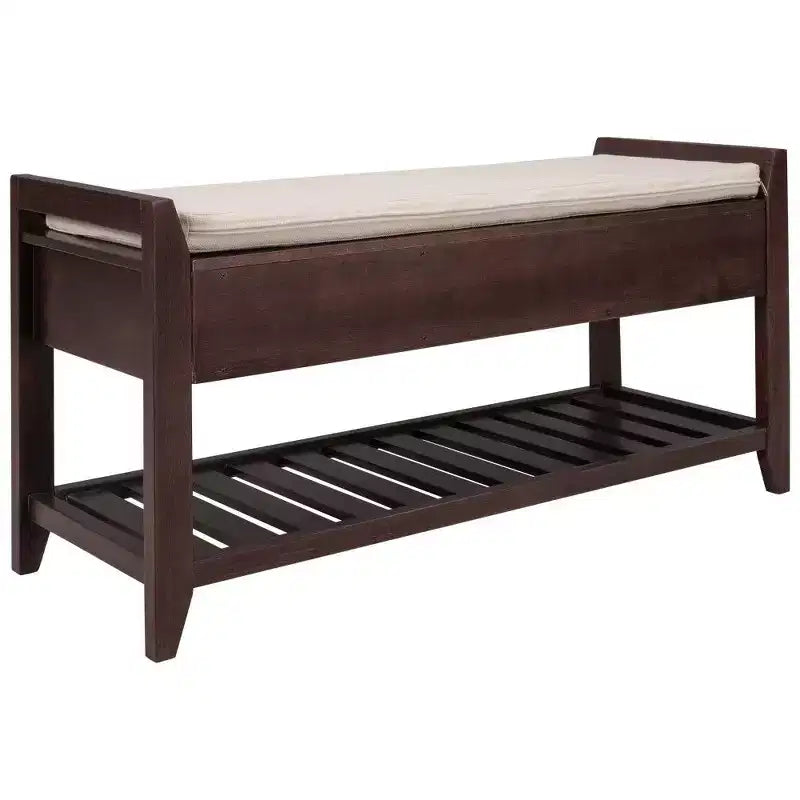 Panca Contenitore Portascarpe in Legno Massello con 2 Cassetti e Cuscino, Organizer Multiuso per Ingresso con Base a Griglia, Espresso