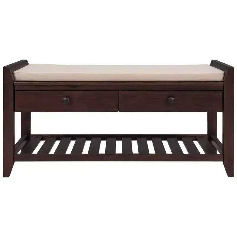 Panca Contenitore Portascarpe in Legno Massello con 2 Cassetti e Cuscino, Organizer Multiuso per Ingresso con Base a Griglia, Espresso