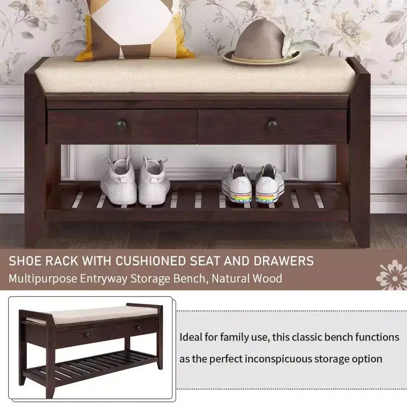 Panca Contenitore Portascarpe in Legno Massello con 2 Cassetti e Cuscino, Organizer Multiuso per Ingresso con Base a Griglia, Espresso