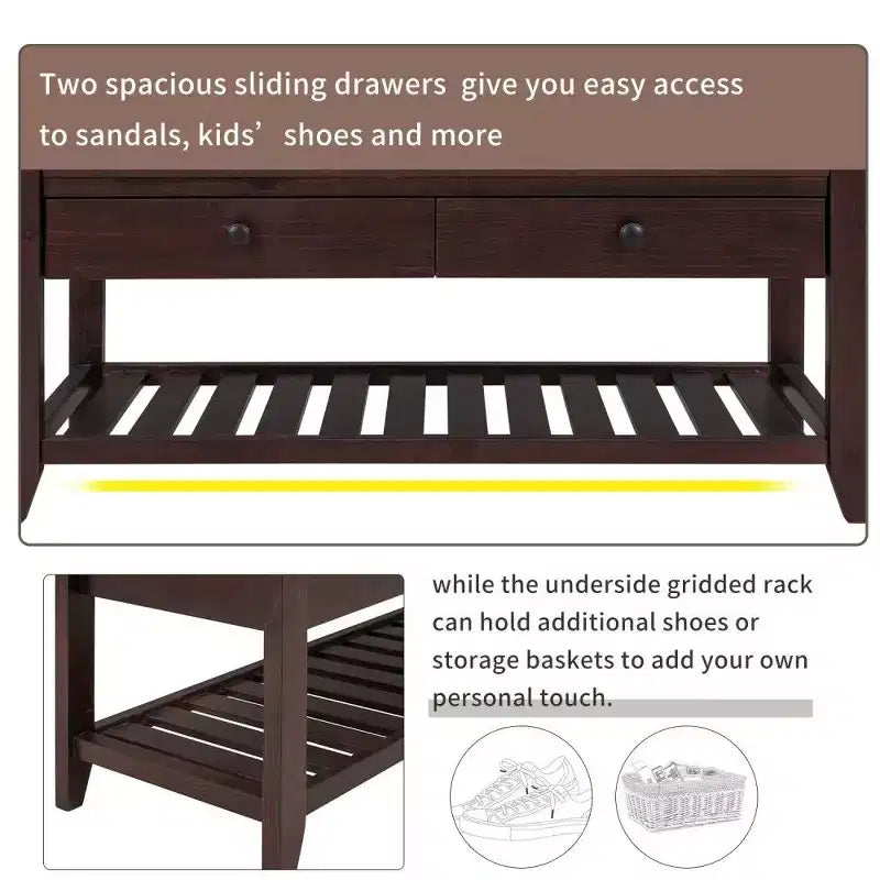 Panca Contenitore Portascarpe in Legno Massello con 2 Cassetti e Cuscino, Organizer Multiuso per Ingresso con Base a Griglia, Espresso