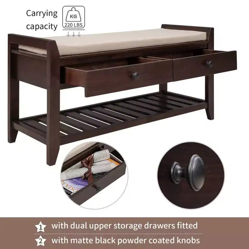 Panca Contenitore Portascarpe in Legno Massello con 2 Cassetti e Cuscino, Organizer Multiuso per Ingresso con Base a Griglia, Espresso