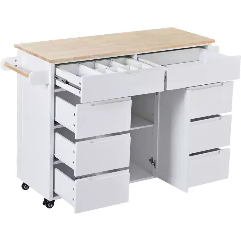 Carrello da Cucina Isola in Legno di Gomma Bianco Rotante da 53 pollici con Piano di Lavoro, 8 Cassetti senza Maniglie, 5 Ruote