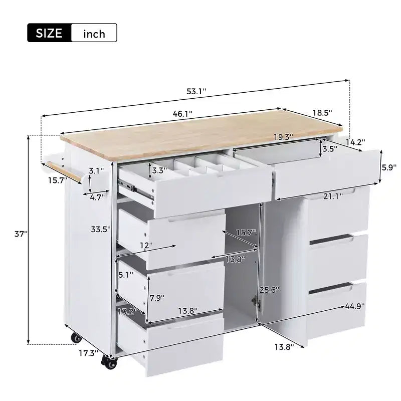 FAMYYT Carrello da cucina su rotelle in legno di gomma bianco con piano di lavoro da 53 pollici, 8 cassetti senza maniglia, 5 ruote