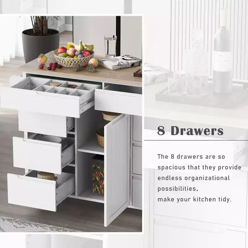 FAMYYT Carrello da cucina su rotelle in legno di gomma bianco con piano di lavoro da 53 pollici, 8 cassetti senza maniglia, 5 ruote