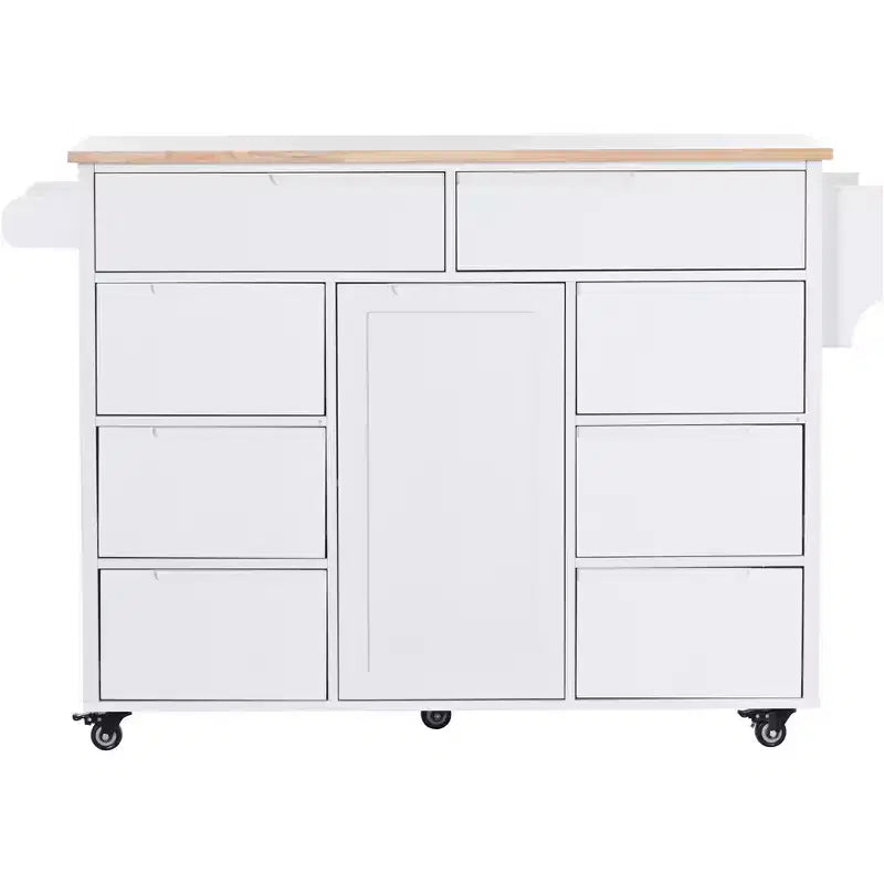 Carrello da Cucina Isola in Legno di Gomma Bianco Rotante da 53 pollici con Piano di Lavoro, 8 Cassetti senza Maniglie, 5 Ruote