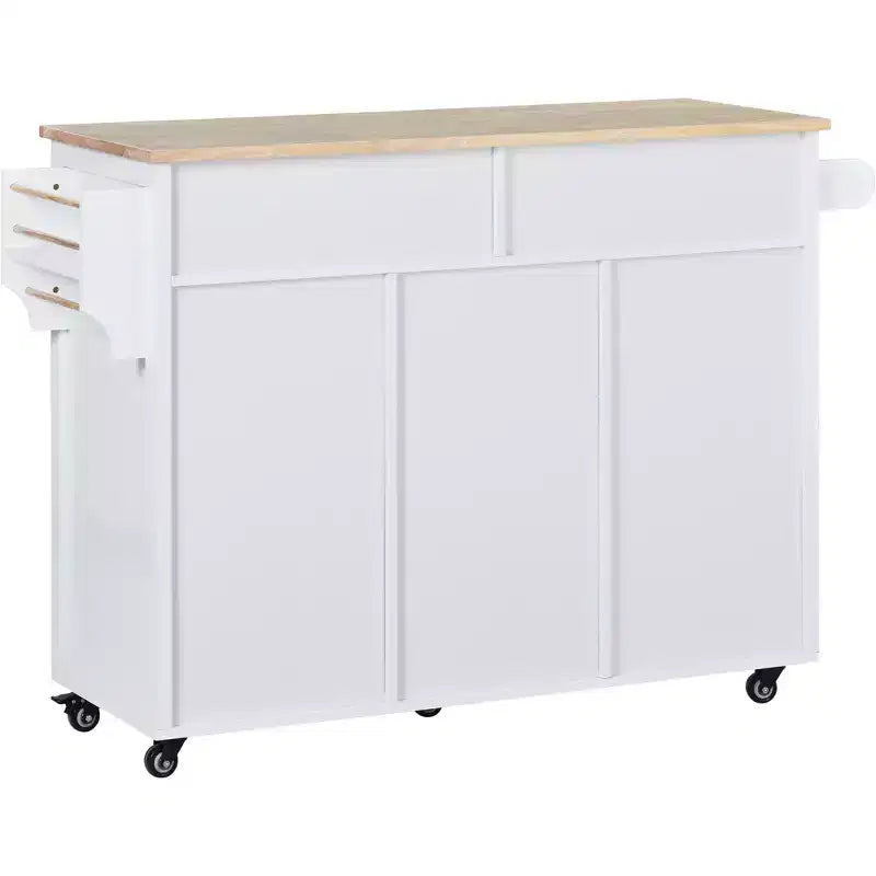 Carrello da Cucina Isola in Legno di Gomma Bianco Rotante da 53 pollici con Piano di Lavoro, 8 Cassetti senza Maniglie, 5 Ruote