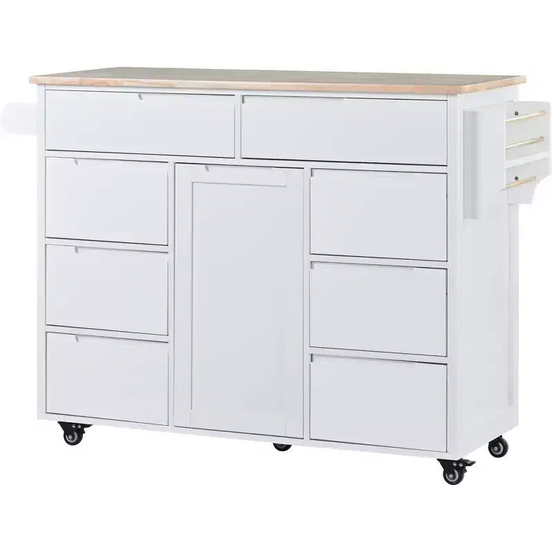 Carrello da Cucina Isola in Legno di Gomma Bianco Rotante da 53 pollici con Piano di Lavoro, 8 Cassetti senza Maniglie, 5 Ruote