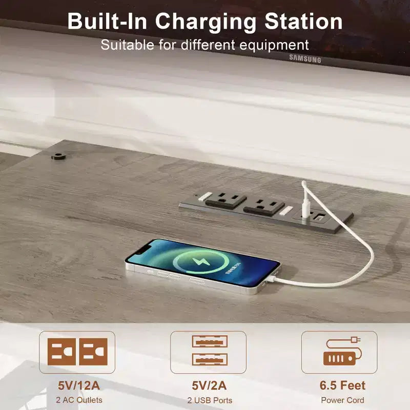 Mobile porta TV LED per TV fino a 75 pollici, mobile TV da 67 pollici con prese di corrente, ripiani a giorno, tavolino porta TV